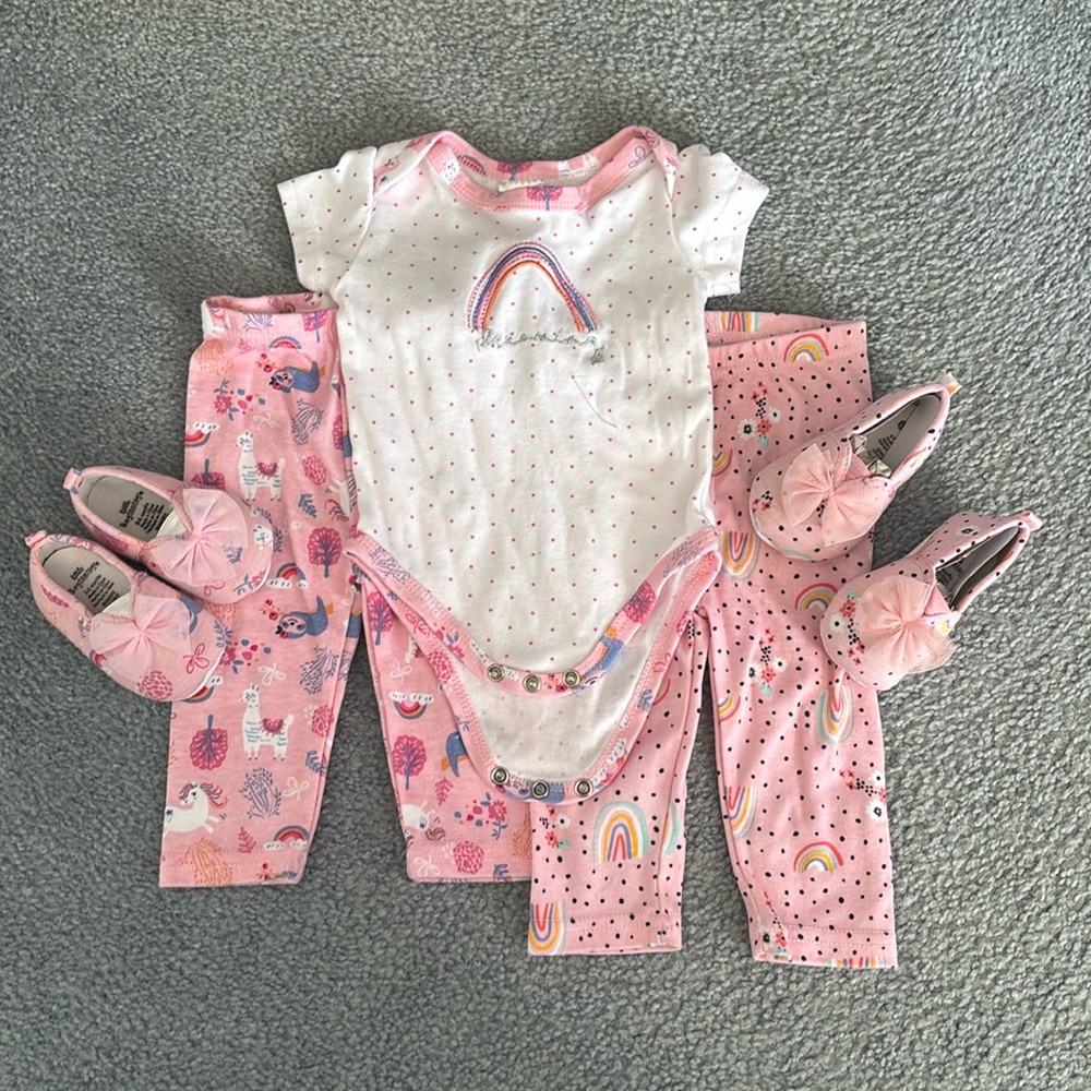 Little Beginnings set 2 pair of pants Onsie and 2 pair shoes